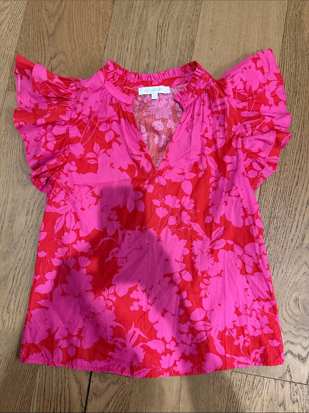 Sugarlips Red and Pink Floral Ruffle Sleeve Blouse